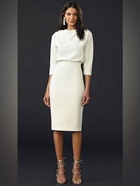 Belle by Badgley Mischka Draped Boat Neck Blouson Dress – White, Size XS